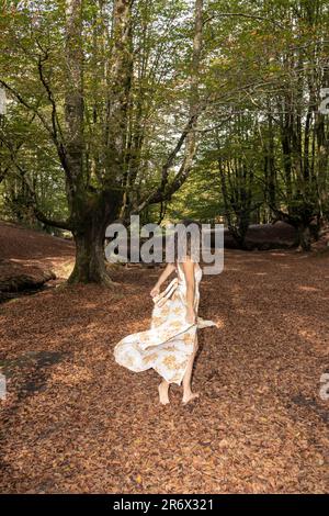 Momenti accattivanti di una donna a piedi nudi che balla in un bosco autunnale Foto Stock