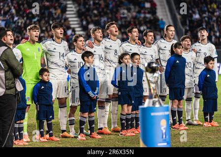 La squadra italiana prima della finale della Coppa del mondo FIFA U20 Uruguay U20 vs Italia U20 allo stadio la Plata di Tolosa, Argentina, 11th giugno 2023 (Foto di Mateo occhi/News Images) Foto Stock