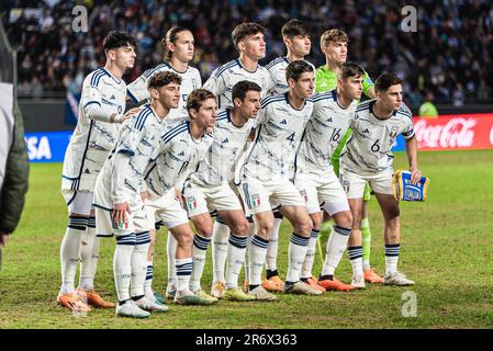 La squadra italiana prima della finale della Coppa del mondo FIFA U20 Uruguay U20 vs Italia U20 allo stadio la Plata di Tolosa, Argentina, 11th giugno 2023 (Foto di Mateo occhi/News Images) Foto Stock