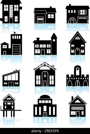 Set di un ampia gamma di generici stili di costruzione e di architettura di base in bianco e nero. Illustrazione Vettoriale