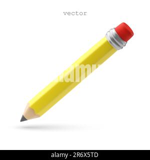 Icona matita Vector 3D. Matita in legno giallo con gomma. Illustrazione del vettore 3D isolata su sfondo bianco. Illustrazione Vettoriale