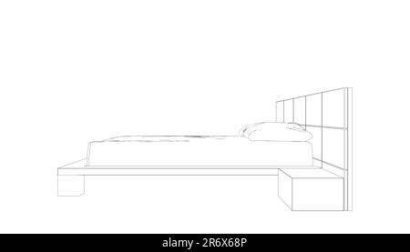 Disegno della linea di contorno del letto matrimoniale. Arredamento moderno e confortevole per la camera da letto. Profilo di un letto con cuscini da linee nere isolate Illustrazione Vettoriale