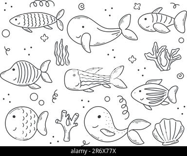 Carino pesce di mare e alghe disegnate a mano set. Chilldish pesci personaggi inchiostro doodle schizzo collezione stile. Semplice contorno mondo subacqueo, vettore Illustrazione Vettoriale