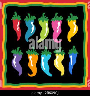 Set di Peperoncini ripieni con bordo di festa. Illustrazione Vettoriale