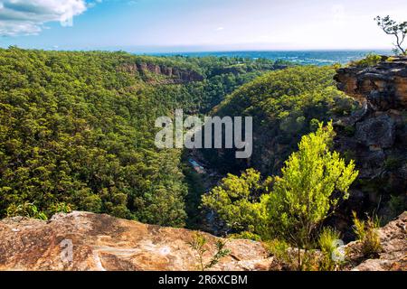 Sublime Point Lookout offre viste sensazionali della Jamison Valley, del Blue Mountains National Park, del nuovo Galles del Sud, Australia Foto Stock