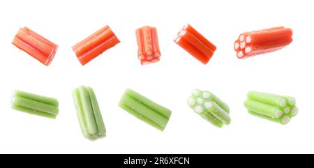 Collage di gustose caramelle di gelatina su fondo bianco, lati diversi Foto Stock