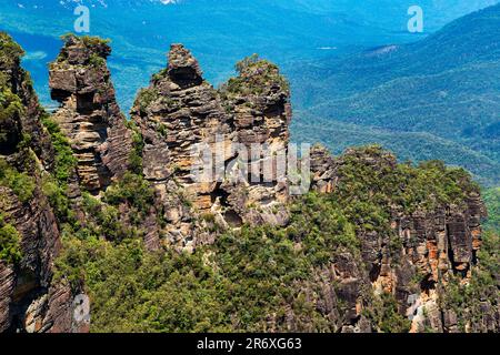 Formazione rocciosa di arenaria Three Sisters, Blue Mountains National Park, nuovo Galles del Sud, Sydney, Australia Foto Stock