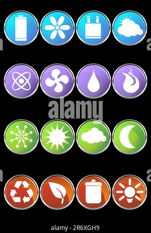 Un set di 16 pulsanti Web lucidi rotondi ecologici. Illustrazione Vettoriale