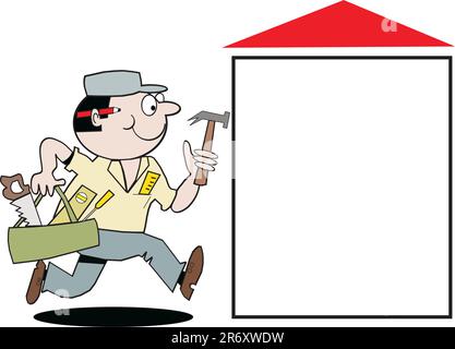 Cartoni animati vettoriali di falegnami entusiasti con strumenti e display quadrato vuoto. Illustrazione Vettoriale