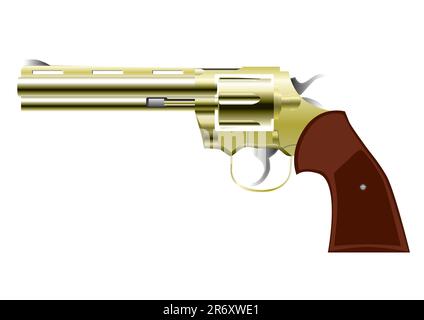 Pistola revolver fotorealistica dorata in stile occidentale isolata su bianco Illustrazione Vettoriale