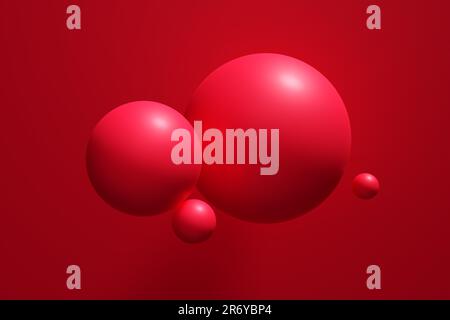 Levitazione delle sfere rosse su sfondo blu. Astratto rendering 3D minimo art. Forme geometriche sfondo design per presentazioni, marchi, Foto Stock