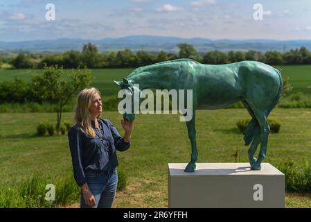 Greenlaw, Regno Unito. 11th giugno, 2023. Frippy Jameson scultura 'Still' bronzo cavallo scultura. Rappresenta la "quiete oltre il rumore" la scultura sarà esposta con la Rountree Tryon Gallery, St James's, Londra dal 13th giugno. Frippy Jameson ha studiato scultura d'Arte al Camberwell College of Art and Design e City & Guilds of London Art School Frippy vive e lavora dal suo studio ai confini scozzesi. In lontananza ci sono le Cheviot Hils. Picture Credit: phil wilkinson/Alamy Live News Foto Stock