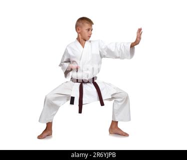 Giovane ragazzo di karate isolati su sfondo bianco Foto Stock