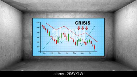 stanza e schermo in cemento con grafico di crisi aziendale Foto Stock
