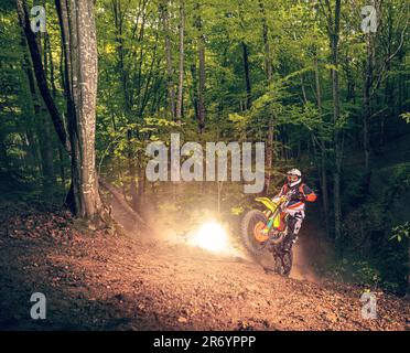 Motociclista in casco cavalca su una strada forestale sterrata Foto Stock