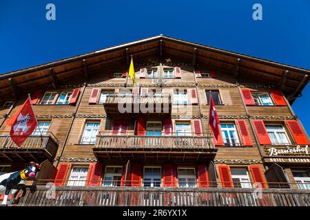 Esterno dello chalet in stile tradizionale svizzero 1908 Hotel Restaurant Bernerhof, Wengen, Svizzera Foto Stock