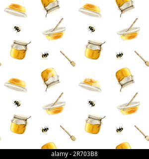 Miele acquerello modello senza cuciture con vasetti, cucchiai di legno e api su bianco per l'imballaggio di carta, sacchetti o tessuti Foto Stock