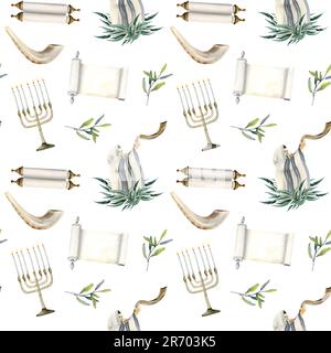 Modello Jewish Yom Kippur senza cuciture con menorah, candele, uomo in tallit shofar soffiato e Torah rotolo su bianco Foto Stock