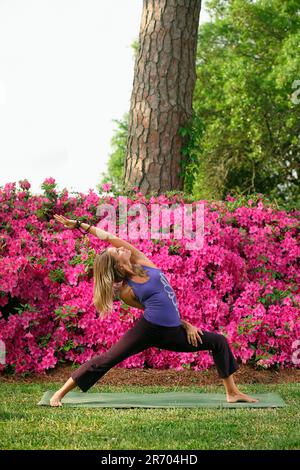 Una donna pratica yoga all'aperto di fronte a un cespuglio azalea con fiori in piena fioritura. Foto Stock