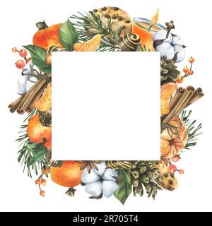Tangerini con cotone, rami e coni di pino, dolci, candele e spezie. Illustrazione acquerello disegnata a mano per l'arredamento di Natale. Telaio quadrato Foto Stock