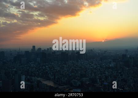 Un bellissimo tramonto su Tokyo visto dalla torre Skytree. Foto Stock