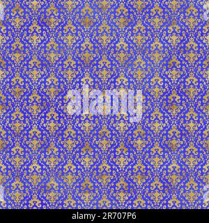 Illustrazione ad acquerello disegnata a mano. Motivo damask dorato senza cuciture su sfondo acquerello. Può essere utilizzato per tessuti, stampe o altri tipi di design. Floreale Foto Stock