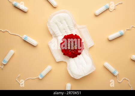 Tamponi e tamponi mestruali su sfondo beige. Un fiore di rosa si trova su un tampone mestruale. Ciclo mestruale. Igiene e protezione. Vista dall'alto. Verticale Foto Stock