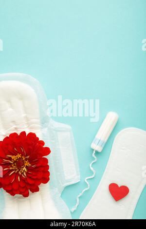 Tamponi e tamponi mestruali su sfondo blu. Un fiore di rosa si trova su un tampone mestruale. Ciclo mestruale. Igiene e protezione. Vista dall'alto. Verticale p Foto Stock