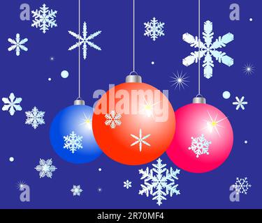 Giocattoli di pellicce e fiocchi di neve su sfondo blu scuro Illustrazione Vettoriale