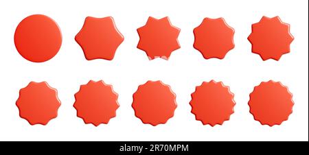 Starburo sticker rosso 3D set di rendering - collezione di stemmi tondi a forma di stella o di sole per promo. Foto Stock