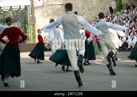 Dobele, Lettonia - 27 maggio 2023. Ballerini gioiosamente giovani ballerini dinamici ballano in coppia al XXVII Festival nazionale della canzone lettone e al XVII Festival della danza Foto Stock