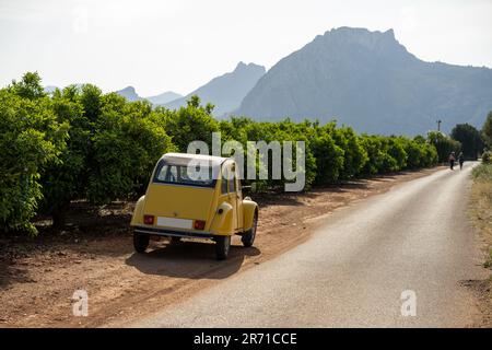 Classica Deux Chevaux Citroën 2CV in un paesaggio spagnolo con vigneti e due cavalieri a cavallo Foto Stock