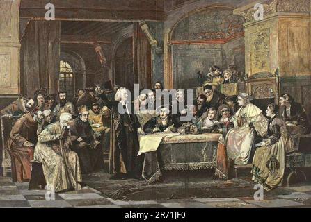 Christophe Colomb en Espagne devant le roi Ferdinand II d'Aragon et Isabelle 1ere de Castille (dite la Catholique) - Cristoforo Colombo in cerca di sostegno finanziario per i suoi viaggi da Isabella i e Ferdinand II incisione dopo Vaclav Brozik (1851-1901) Foto Stock