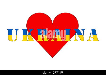 ucraina, il nome del paese e i colori della bandiera, grafica illustrata del logo e del cuore per il popolo ucraino Foto Stock