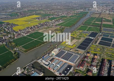 (230612) -- HANGZHOU, 12 giugno 2023 (Xinhua) -- questa foto aerea scattata il 15 marzo 2023 mostra i villaggi lungo il Canal Grande di Pechino-Hangzhou a Hangzhou, nella provincia di Zhejiang della Cina orientale. Nel giugno 2003, Zhejiang ha lanciato il programma di rinascita rurale Verde, che prevede di rinnovare circa 10.000 villaggi incorporati e di trasformare circa 1.000 villaggi centrali tra loro in esempi di prosperità moderata sotto tutti gli aspetti. Grazie al programma, l'immagine della campagna è stata completamente innalzata nella Provincia di Zhejiang. Un totale di 2.170 villaggi e oltre 3 milioni di belle zone rurali Foto Stock