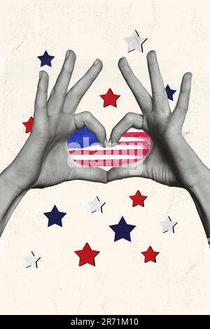 Immagine collage verticale di colore bianco nero braccia dita dimostrare il gesto del cuore nazionale americana bandiera stelle isolate su sfondo disegno Foto Stock
