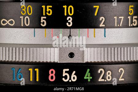 Primo piano immagine macro dell'apertura e quadranti di messa a fuoco su un obiettivo vintage Foto Stock