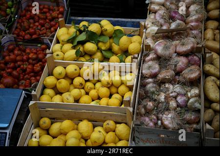 Mercato agricolo siciliano con pomodori freschi biologici, patate, cipolle dolci e limoni a Catania Sicilia. Foto Stock