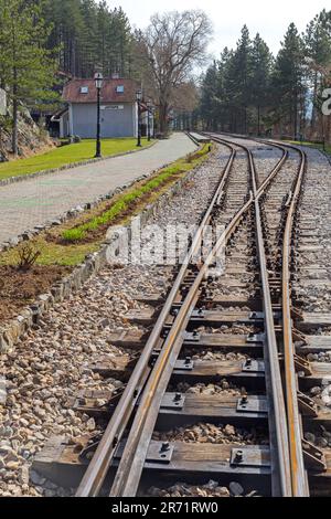 Mokra Gora, Serbia - 18 marzo 2017: Ferrovia a scartamento ridotto Stazione ferroviaria Jatare piattaforma a Sargan otto attrazione turistica. Foto Stock