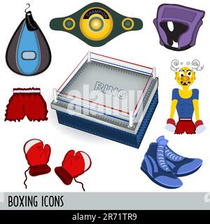 Una raccolta di 8 icone di illustrazioni di clip art da boxe. Illustrazione Vettoriale