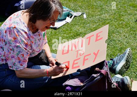 Inghilterra, Londra, Westminster, Parliament Square, protester che fa cartellone da cartone con messaggio a Unite per sfidare. Foto Stock