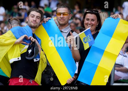 Brema, Germania. 12th giugno, 2023. Calcio: Partite internazionali, Germania - Ucraina, a wohninvest Weserstadion. Tifosi dell'Ucraina negli stand. NOTA IMPORTANTE: In conformità ai requisiti della DFL Deutsche Fußball Liga e del DFB Deutscher Fußball-Bund, è vietato utilizzare o utilizzare fotografie scattate nello stadio e/o della partita sotto forma di sequenze di immagini e/o serie di foto simili a un video. Credit: Marcus Brandt/dpa/Alamy Live News Foto Stock