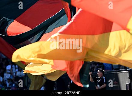 Brema, Germania. 12th giugno, 2023. Calcio: Internazionale, Germania - Ucraina, al wohninvest Weserstadion. Viene sventolata una bandiera tedesca di grandi dimensioni. NOTA IMPORTANTE: In conformità ai requisiti della DFL Deutsche Fußball Liga e del DFB Deutscher Fußball-Bund, è vietato utilizzare o utilizzare fotografie scattate nello stadio e/o della partita sotto forma di sequenze di immagini e/o serie di foto simili a un video. Credit: Federico Gambarini/dpa/Alamy Live News Foto Stock