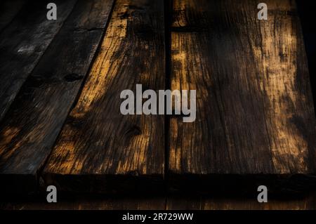 Vecchi pavimenti in legno con tracce di nero bruciato su sfondi astratti e texture. Foto Stock