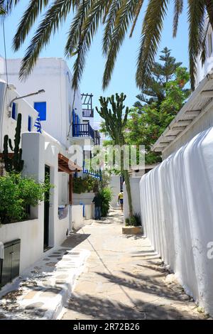 Bellissimo villaggio di Chora, con piccole pareti imbiancate e case colorate Foto Stock