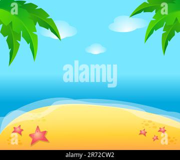 Illustrazione del vettore di mare. Spiaggia di paradiso con sabbia e palme. Illustrazione Vettoriale