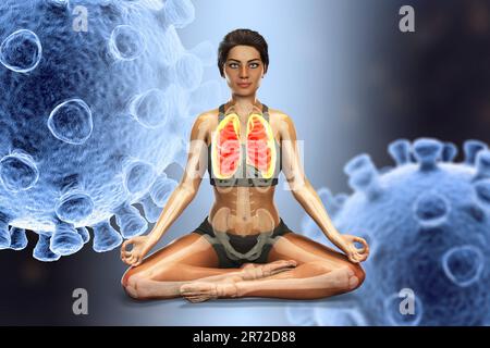 Femmina in posizione Lotus yoga con polmoni evidenziati, circondato da virus che non possono nuocere a lei, computer illustrazione. Esercizi respiratori e med Foto Stock