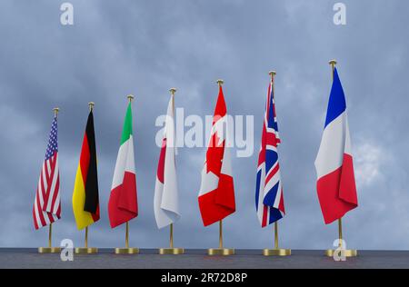 Vertice G7. Bandiere di membri di G7 gruppo di sette ed elenco dei paesi. Gruppo di sette. 3d illustrazione e 3d lavoro Foto Stock