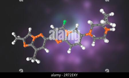 Molecola di farmaco di Risdiplam, illustrazione del calcolatore. Un farmaco usato per trattare l'atrofia muscolare spinale, SMA. Foto Stock