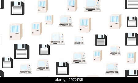 Computer senza interruzioni con vecchi computer retrò, pc e floppy disk hipster bianchi vintage da 70s, 80s, 90s isolati su sfondo bianco. Illustrazione Vettoriale